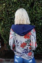 Blue Zone Planet |  Navy Rust Flower Print Zip-up Contrast Striped Hood Sweater