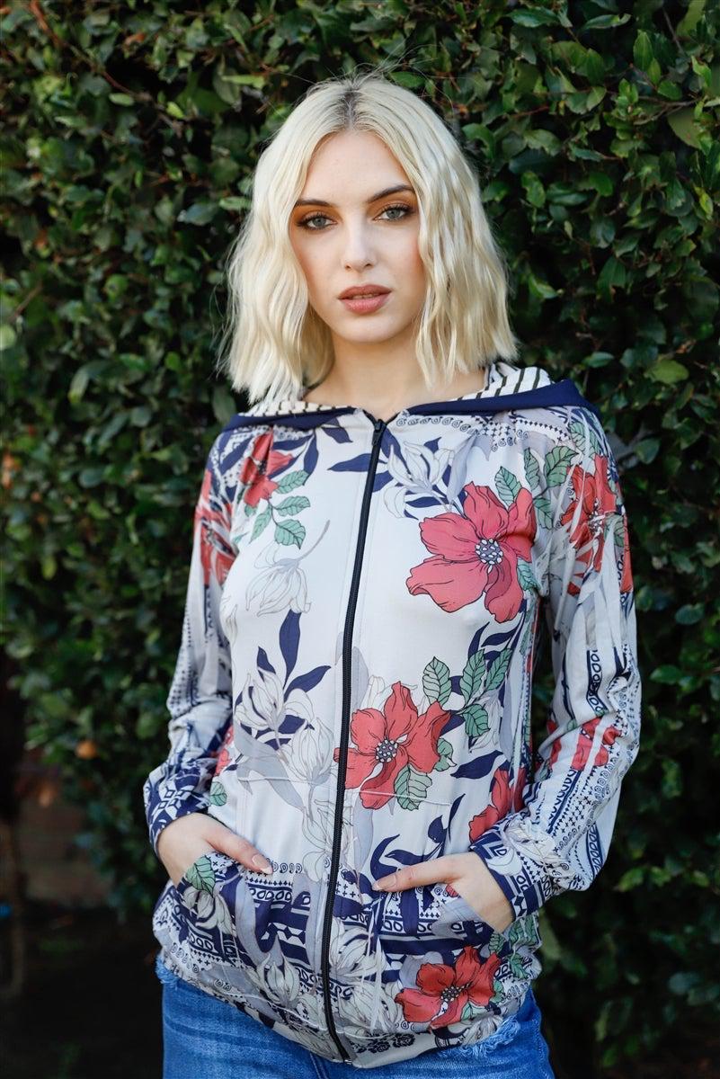 Blue Zone Planet |  Navy Rust Flower Print Zip-up Contrast Striped Hood Sweater