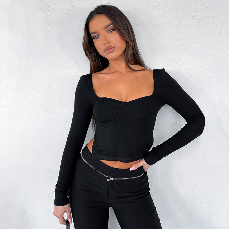 New Solid Color Square Neck Long Sleeve Gathered Side Slit Crop Top T-Shirt