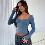 New Solid Color Square Neck Long Sleeve Gathered Side Slit Crop Top T-Shirt