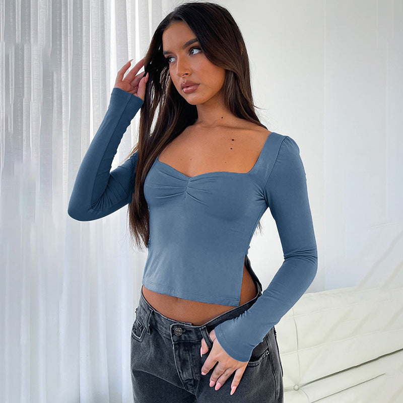 New Solid Color Square Neck Long Sleeve Gathered Side Slit Crop Top T-Shirt