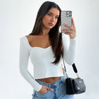 New Solid Color Square Neck Long Sleeve Gathered Side Slit Crop Top T-Shirt