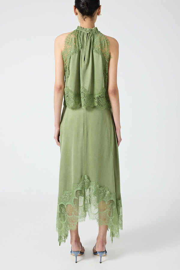 Elegant Lace Pleated Collar Sleeveless Top with Irregular Slit Satin Skirt Set - Perfect for Parties and Vacations