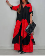 Women's V-Neck Patchwork Casual Set: Comfortable Top & Pants