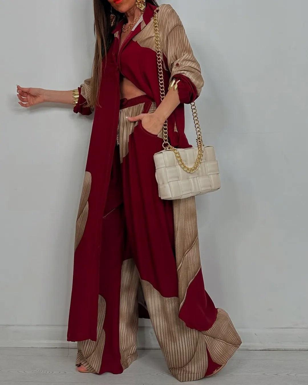 Women's V-Neck Patchwork Casual Set: Comfortable Top & Pants
