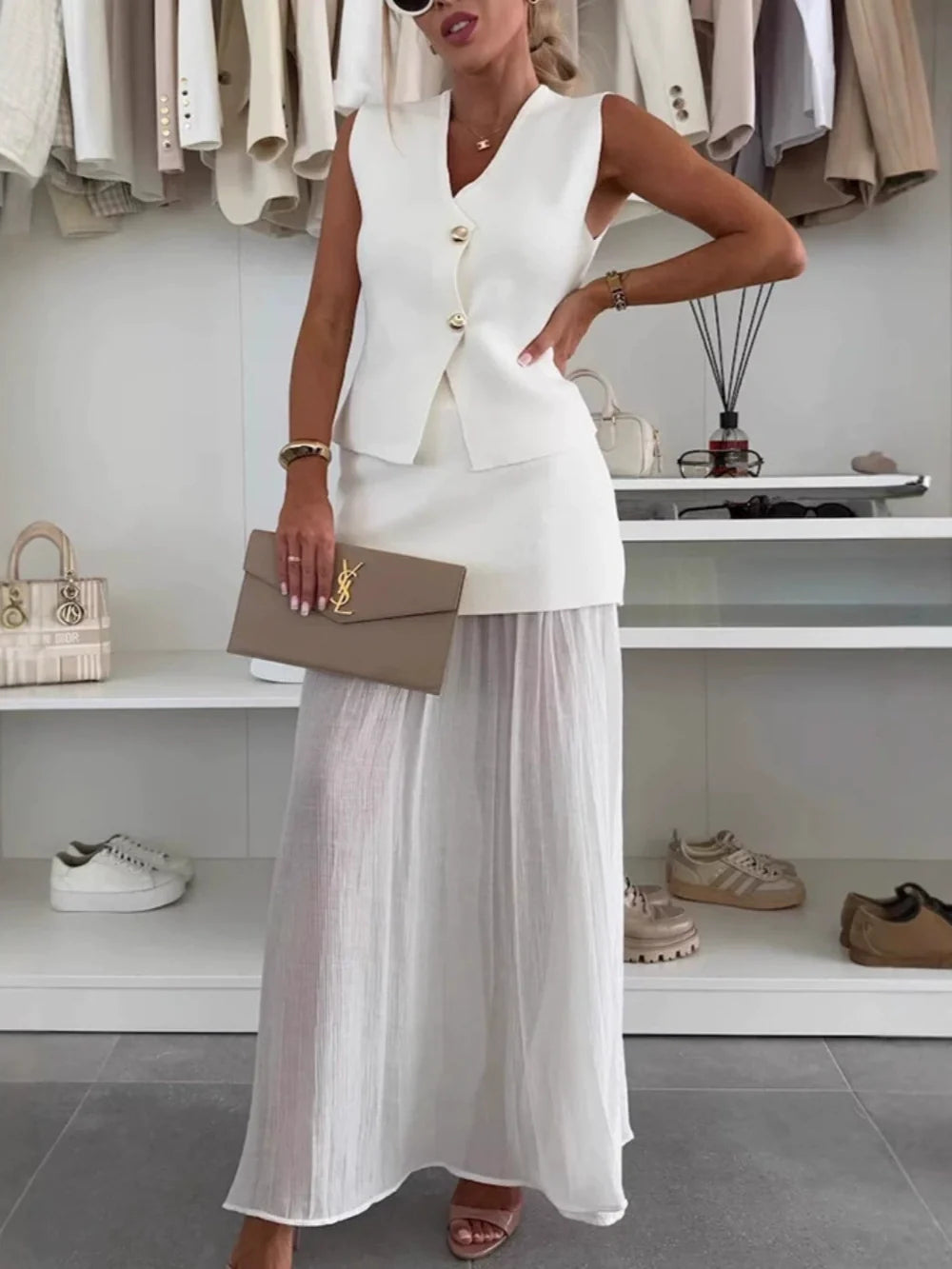 Elegant Women's Knitted Vest with Tulle Patchwork Pleated Skirt - Long Skirt Suit Set