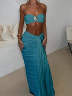 Elegant Two-Piece Shell Swimsuit Set: Bandeau Top & Draped Maxi Skirt with Gold Accents