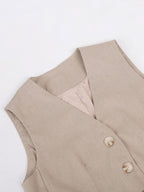 Women's Elegant V-Neck Pleated Cotton and Linen Wide-Leg Pants Suit - Sleeveless, Breathable, Casual Chic Set