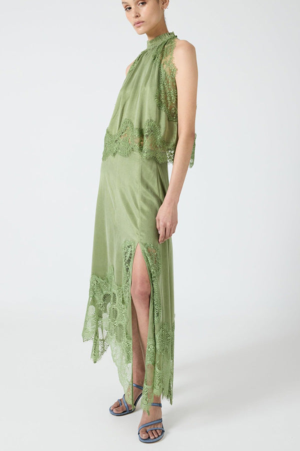 Elegant Lace Pleated Collar Sleeveless Top with Irregular Slit Satin Skirt Set - Perfect for Parties and Vacations