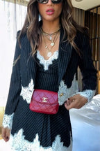 Elegant Black Lace-Paneled Stripe Suit and V-Neck A-Line Dress Set for Daily Occasions - Polyester