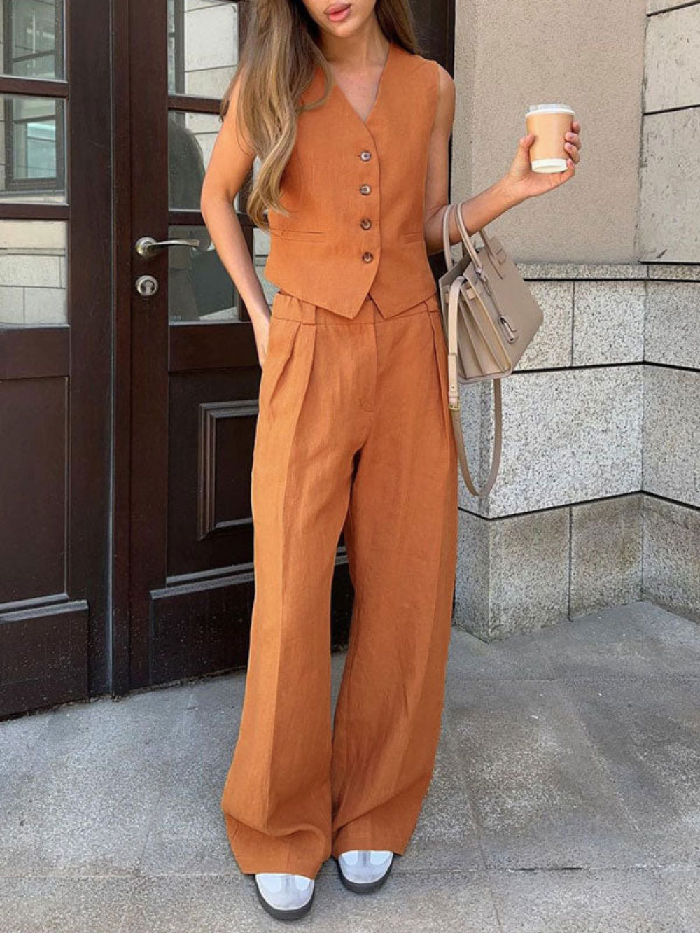 Women's Elegant V-Neck Pleated Cotton and Linen Wide-Leg Pants Suit - Sleeveless, Breathable, Casual Chic Set
