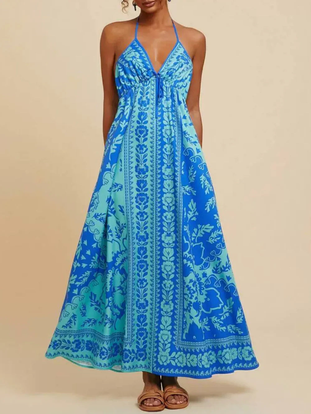 V-Neck Sleeveless Floral Print Sling Holiday Dress with High Waist Umbrella Skirt