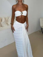 Elegant Two-Piece Shell Swimsuit Set: Bandeau Top & Draped Maxi Skirt with Gold Accents