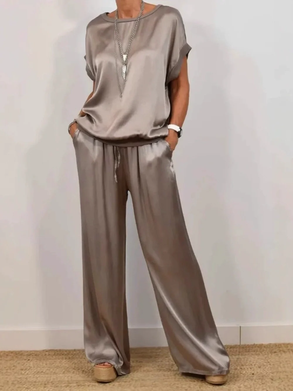 Women's Casual Loose Shirt and Wide-Leg Pants Set - Comfortable Polyester Blend