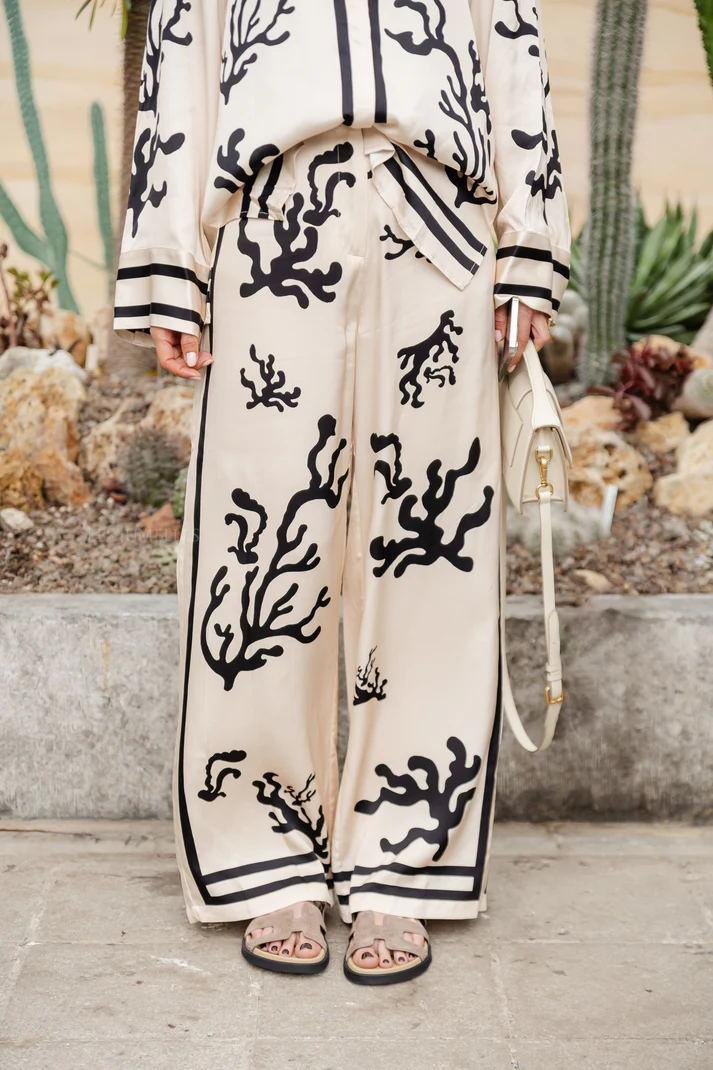 Chic Satin Casual Two Piece Set - Loose Fit, Collared Long Sleeve Top & High Rise Pants