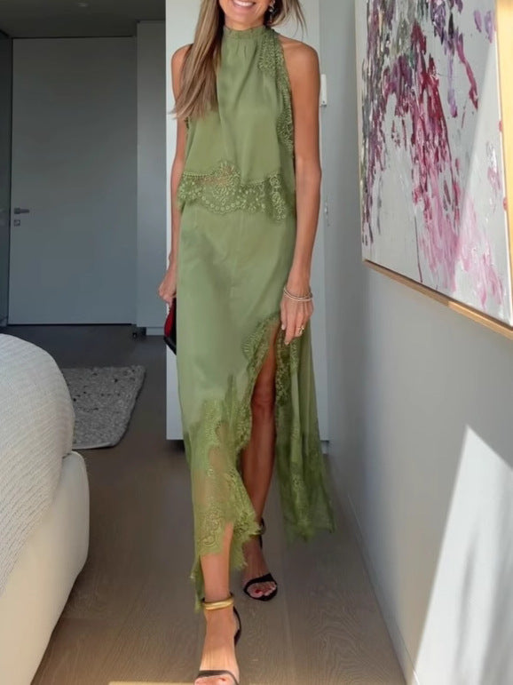 Elegant Lace Pleated Collar Sleeveless Top with Irregular Slit Satin Skirt Set - Perfect for Parties and Vacations