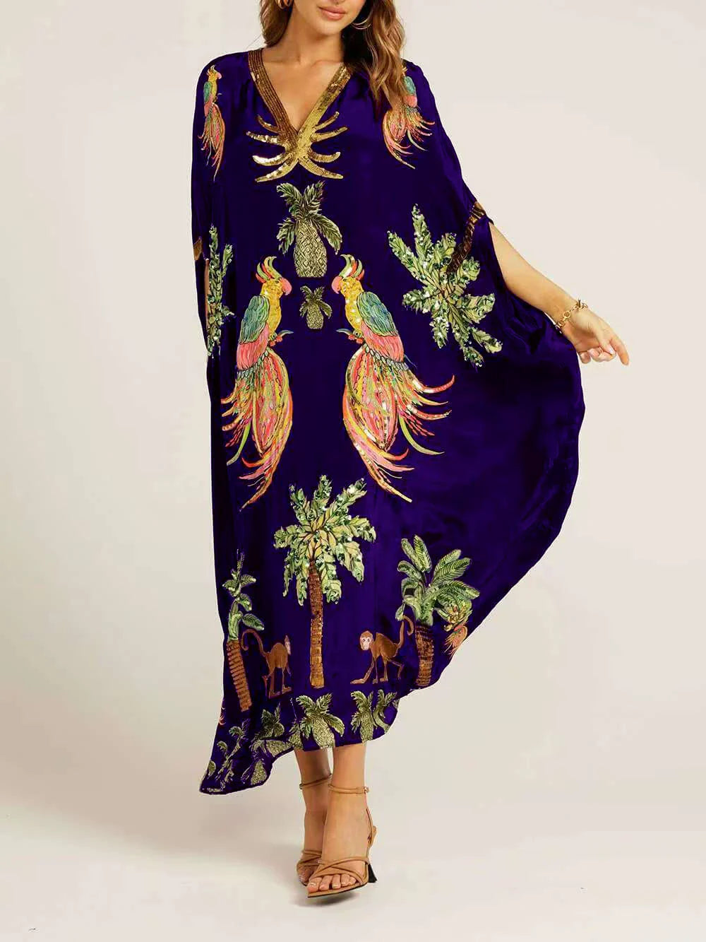 Unique Drop Shoulder Sleeve Dress with Vibrant Coconut Tree Print - Perfect for Tropical Vacations