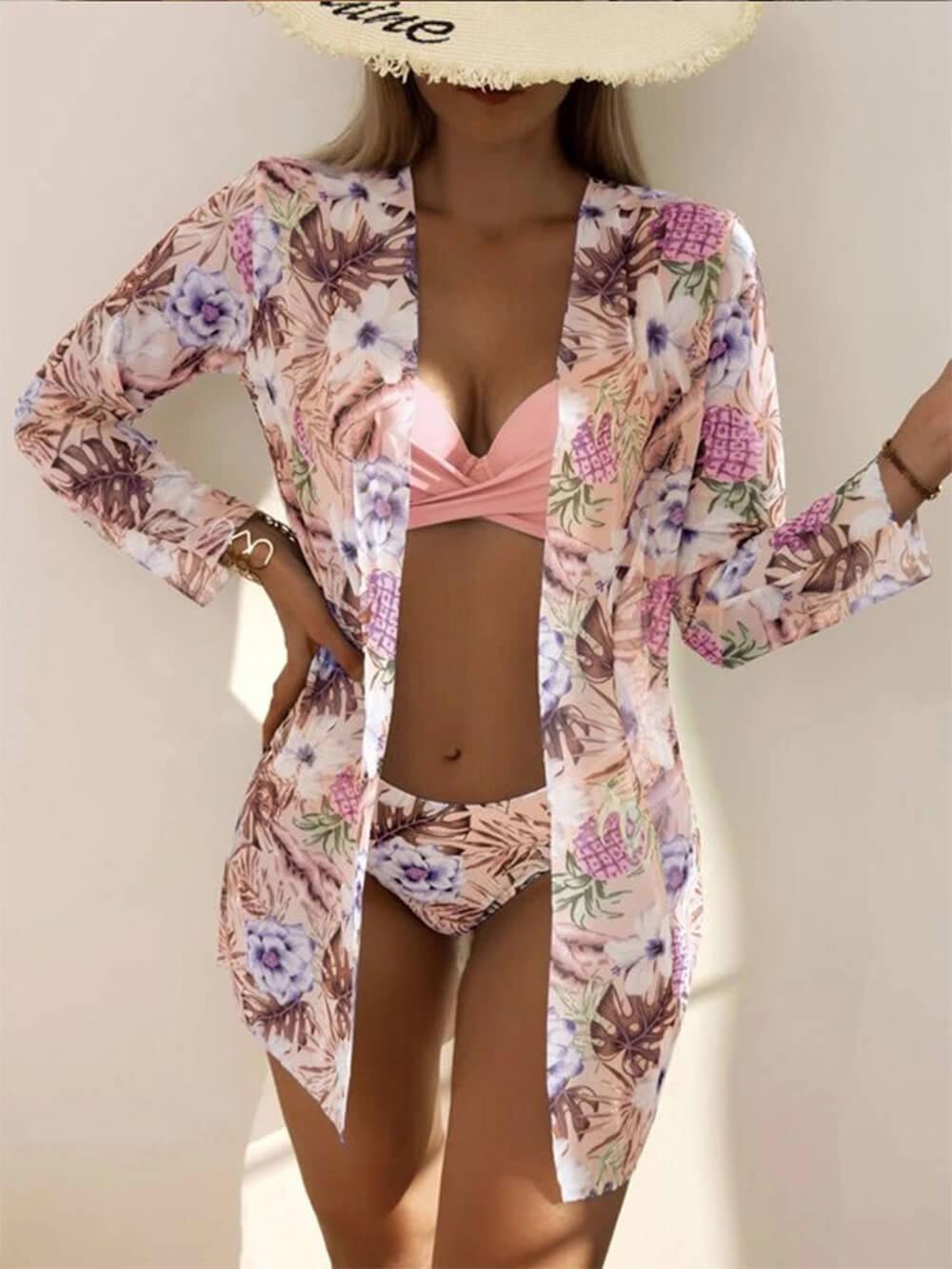 Stylish Printed Three-Piece Swimsuit Set - Bikini Top, High-Waisted Bottoms & Matching Cover-Up Skirt