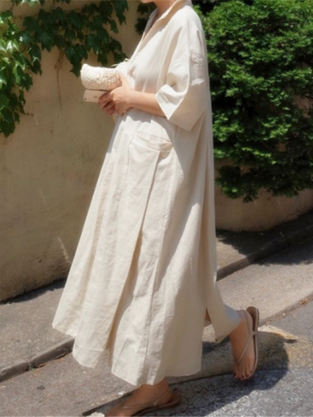 Oversized V-Neck A-Line Cotton and Linen Shirt Dress - Long Skirt, Short Sleeve