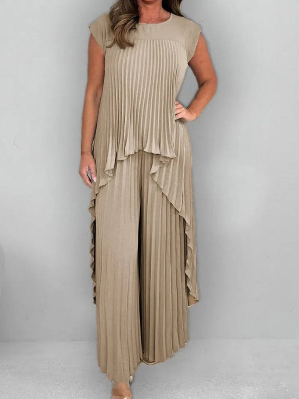 Women's Crew Neck Top and Pleated Straight Pants Two-Piece Suit - Elegant & Comfortable Polyester Blend