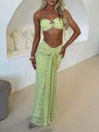 Elegant Two-Piece Shell Swimsuit Set: Bandeau Top & Draped Maxi Skirt with Gold Accents