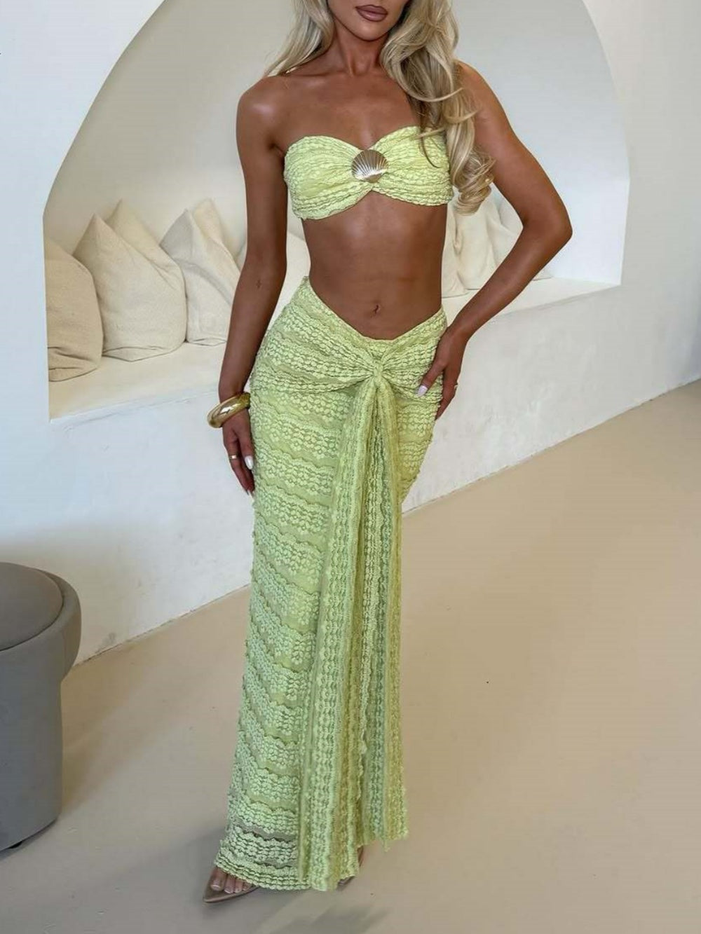 Elegant Two-Piece Shell Swimsuit Set: Bandeau Top & Draped Maxi Skirt with Gold Accents