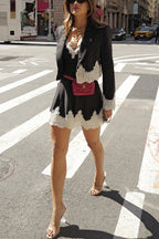 Elegant Black Lace-Paneled Stripe Suit and V-Neck A-Line Dress Set for Daily Occasions - Polyester
