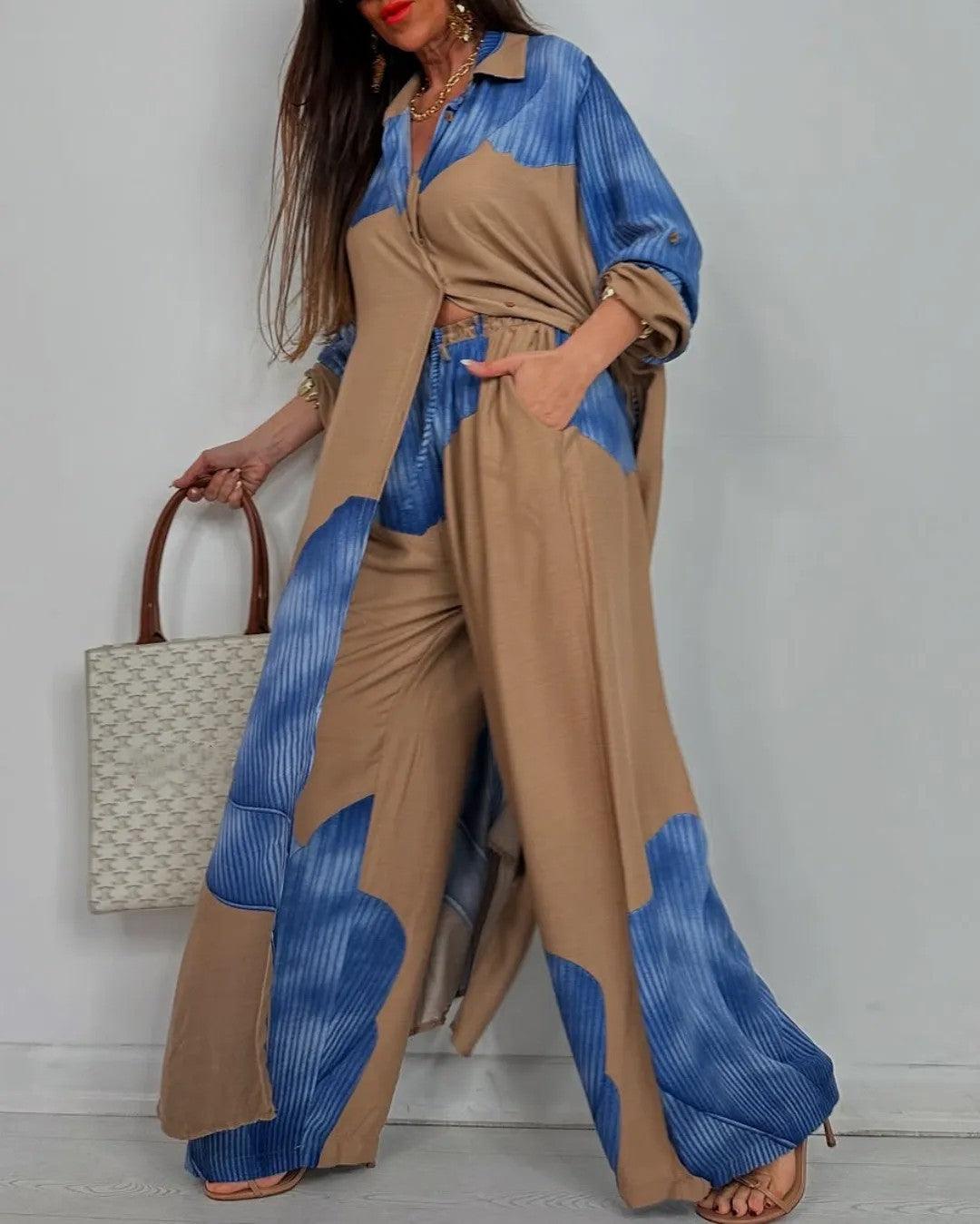 Women's V-Neck Patchwork Casual Set: Comfortable Top & Pants