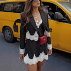Elegant Black Lace-Paneled Stripe Suit and V-Neck A-Line Dress Set for Daily Occasions - Polyester
