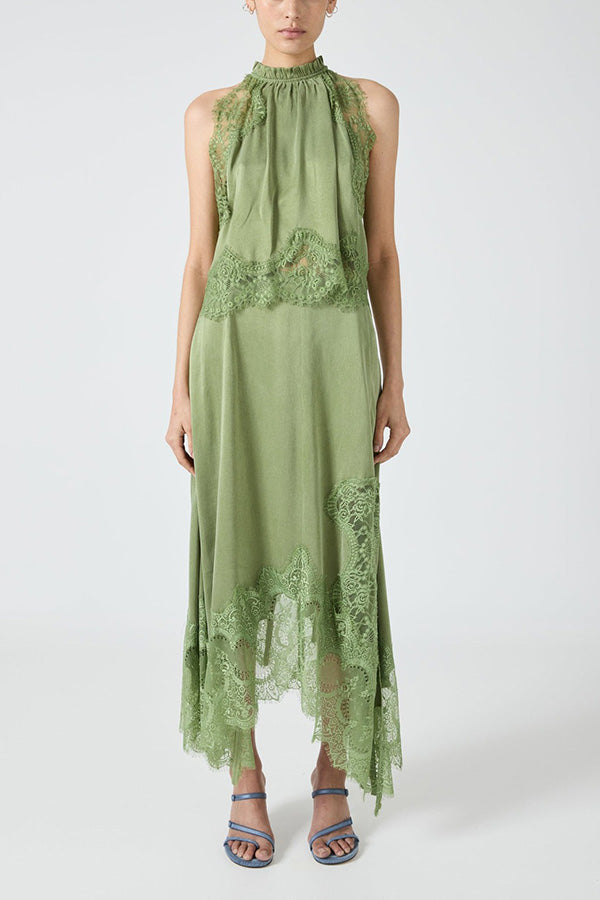 Elegant Lace Pleated Collar Sleeveless Top with Irregular Slit Satin Skirt Set - Perfect for Parties and Vacations