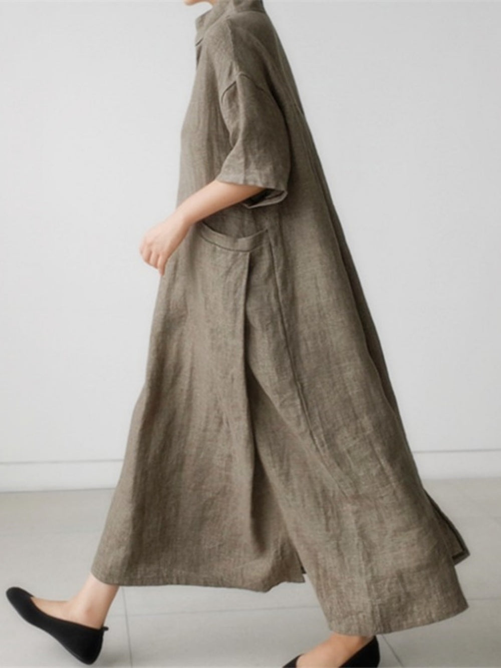 Oversized V-Neck A-Line Cotton and Linen Shirt Dress - Long Skirt, Short Sleeve