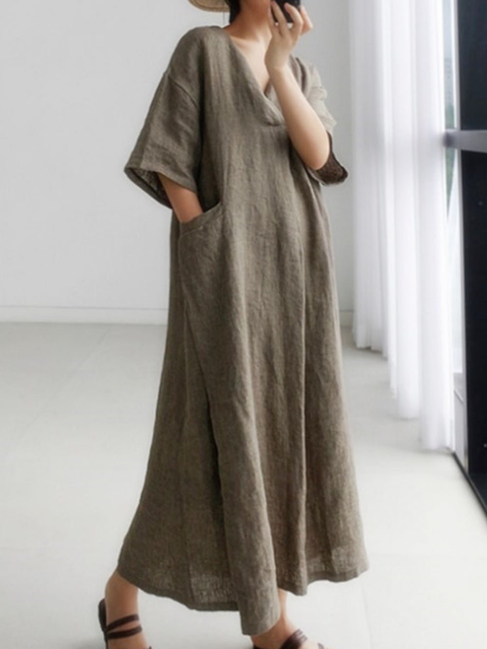 Oversized V-Neck A-Line Cotton and Linen Shirt Dress - Long Skirt, Short Sleeve