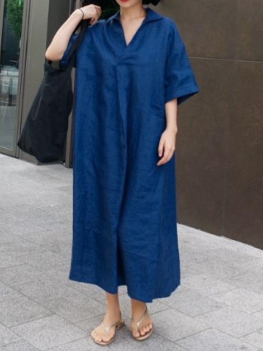 Oversized V-Neck A-Line Cotton and Linen Shirt Dress - Long Skirt, Short Sleeve