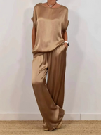 Women's Casual Loose Shirt and Wide-Leg Pants Set - Comfortable Polyester Blend