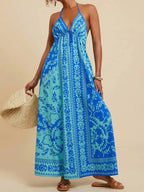 V-Neck Sleeveless Floral Print Sling Holiday Dress with High Waist Umbrella Skirt