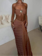 Elegant Two-Piece Shell Swimsuit Set: Bandeau Top & Draped Maxi Skirt with Gold Accents