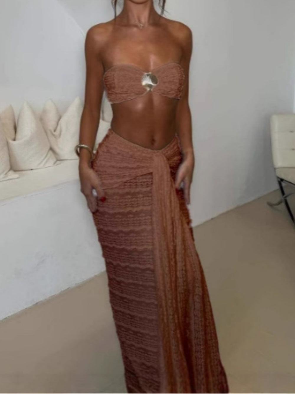 Elegant Two-Piece Shell Swimsuit Set: Bandeau Top & Draped Maxi Skirt with Gold Accents