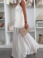 Elegant Women's Knitted Vest with Tulle Patchwork Pleated Skirt - Long Skirt Suit Set