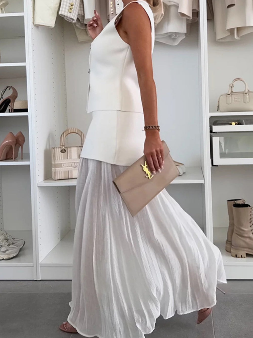 Elegant Women's Knitted Vest with Tulle Patchwork Pleated Skirt - Long Skirt Suit Set