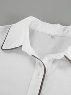 Chic Black and White Contrast Cotton & Linen Blend Two-Piece Set - Casual Collared Shirt & High-Rise Shorts
