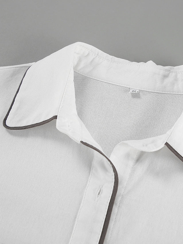 Chic Black and White Contrast Cotton & Linen Blend Two-Piece Set - Casual Collared Shirt & High-Rise Shorts