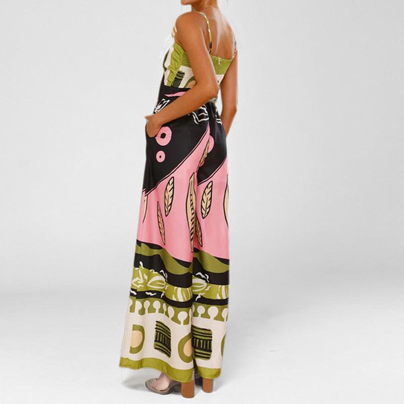 Elegant Printed Waist-Hugging Suspender Wide-Leg Jumpsuit - Chic Party & Vacation Wear