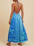 V-Neck Sleeveless Floral Print Sling Holiday Dress with High Waist Umbrella Skirt