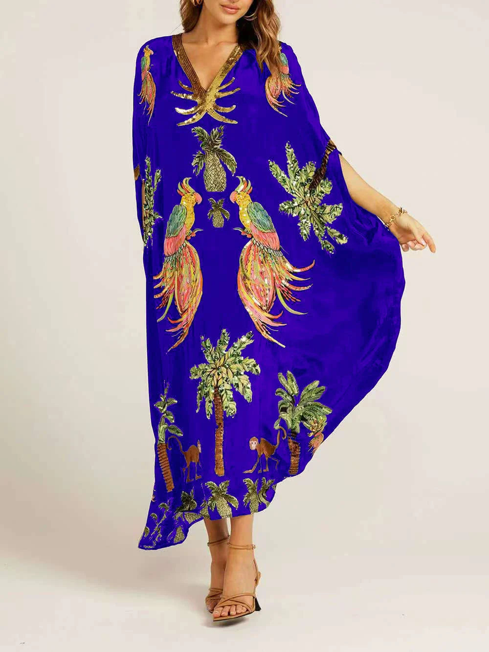 Unique Drop Shoulder Sleeve Dress with Vibrant Coconut Tree Print - Perfect for Tropical Vacations