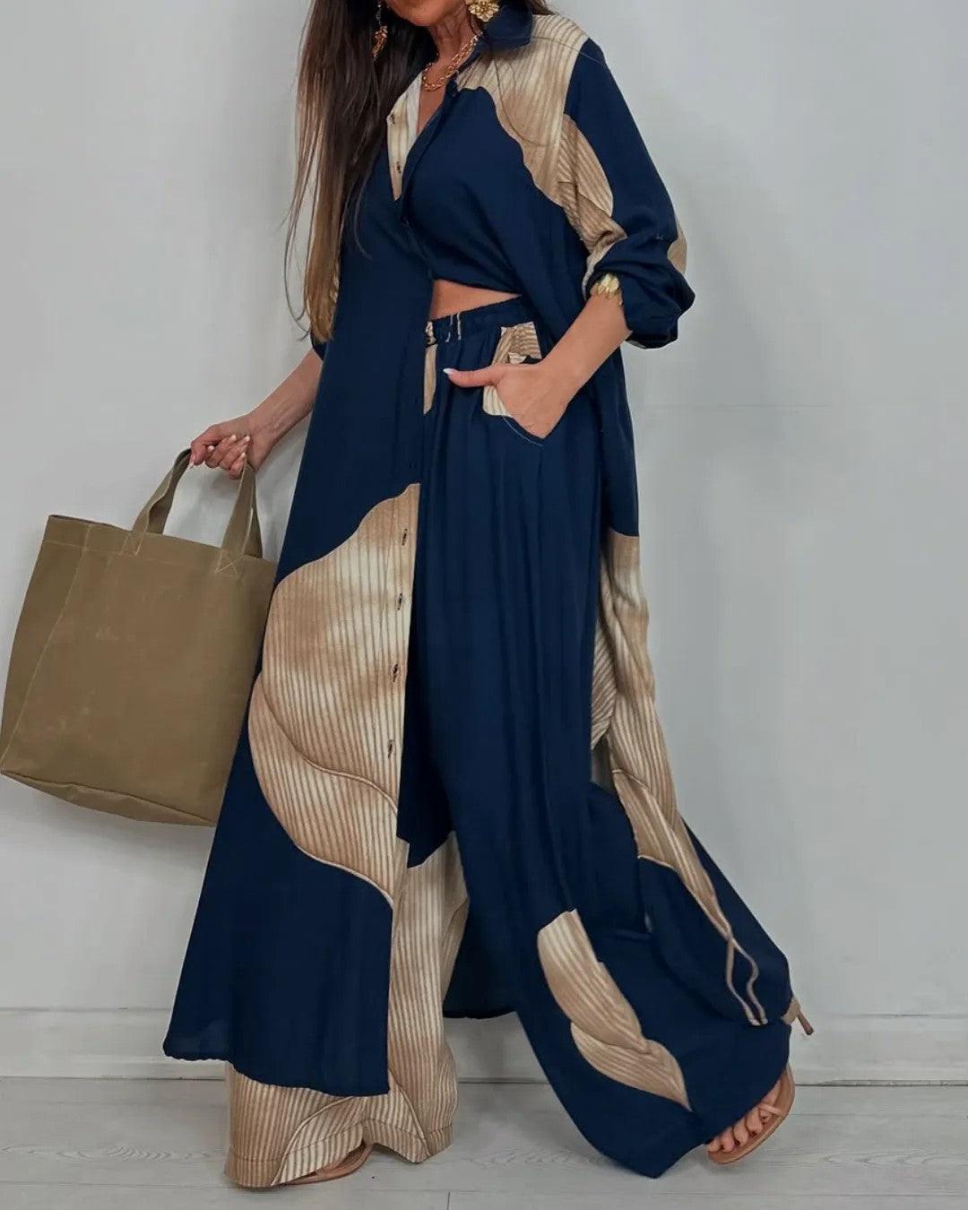 Women's V-Neck Patchwork Casual Set: Comfortable Top & Pants