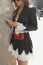 Elegant Black Lace-Paneled Stripe Suit and V-Neck A-Line Dress Set for Daily Occasions - Polyester