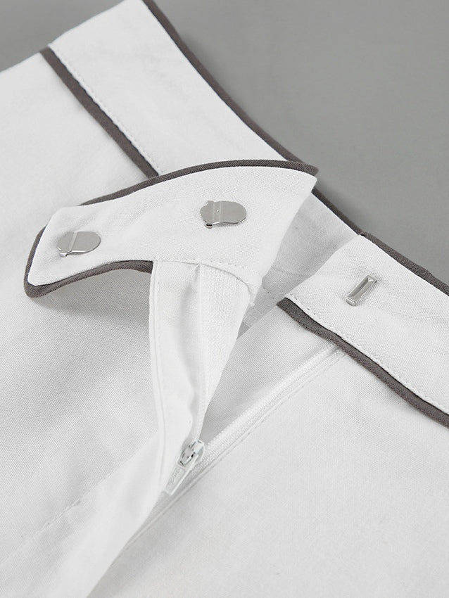 Chic Black and White Contrast Cotton & Linen Blend Two-Piece Set - Casual Collared Shirt & High-Rise Shorts
