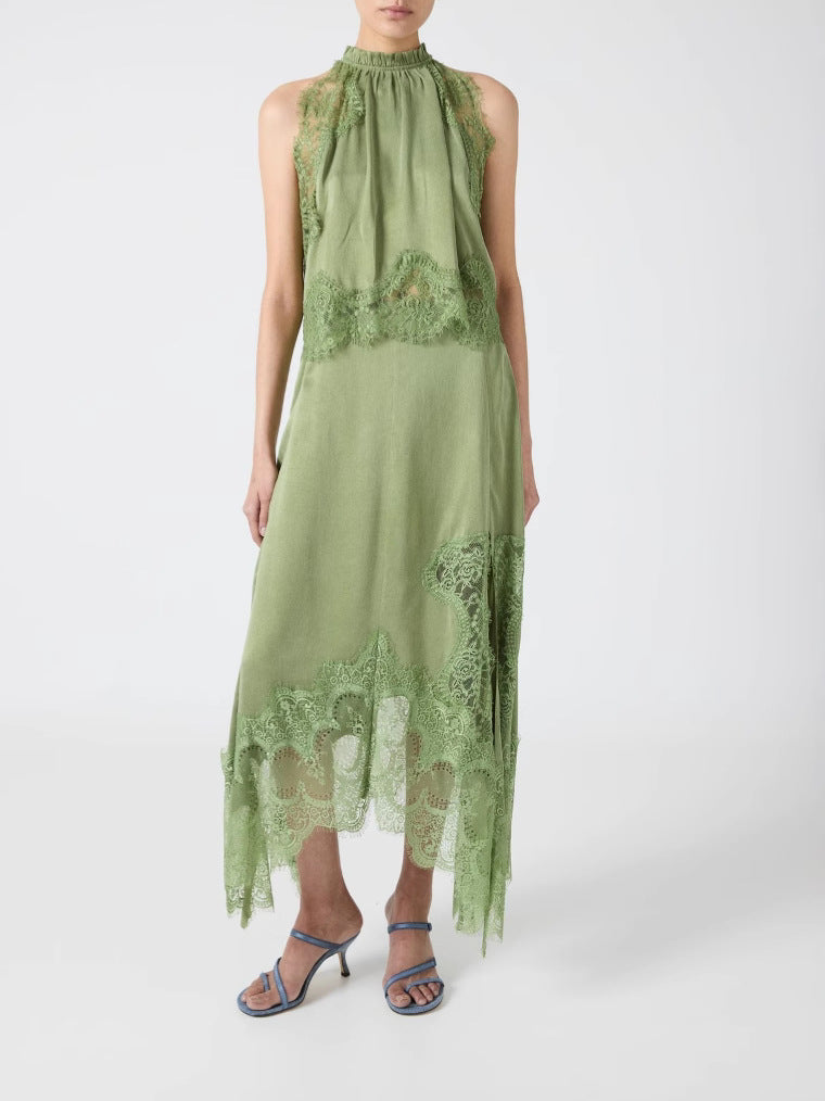 Elegant Lace Pleated Collar Sleeveless Top with Irregular Slit Satin Skirt Set - Perfect for Parties and Vacations