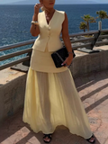 Elegant Women's Knitted Vest with Tulle Patchwork Pleated Skirt - Long Skirt Suit Set
