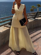 Elegant Women's Knitted Vest with Tulle Patchwork Pleated Skirt - Long Skirt Suit Set